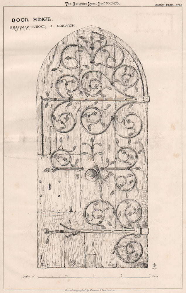 Door hinge. Grammar School, Norwich. Norfolk 1870 old antique print picture